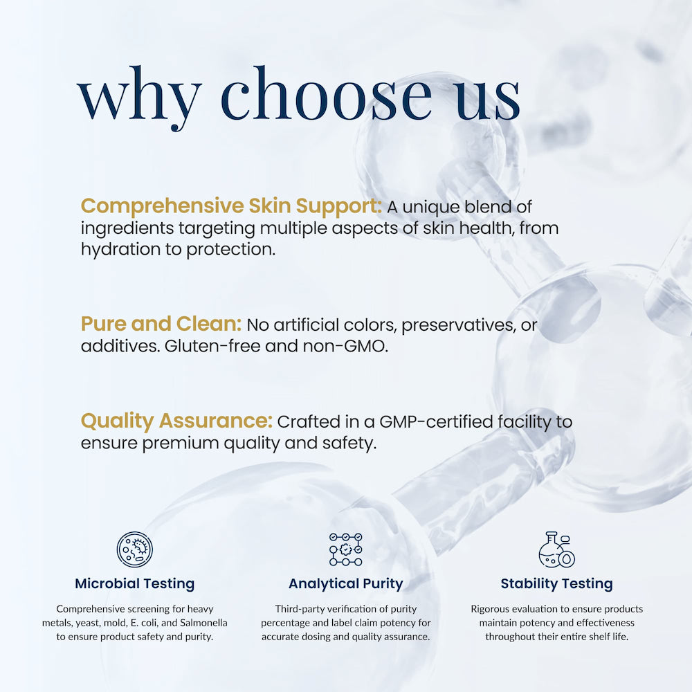 Promotional graphic about skin care product features with text and icons on a light blue background.