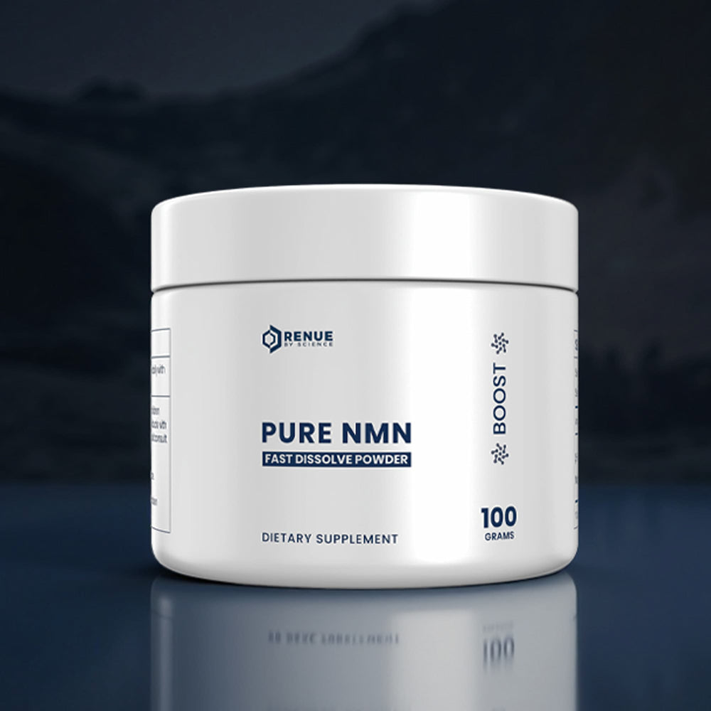 White container of Pure NMN dietary supplement with a dark background
