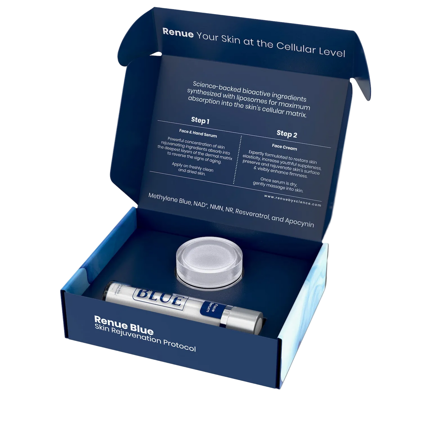 Renue Blue skin rejuvenation protocol packaging with cream and pen on a white background