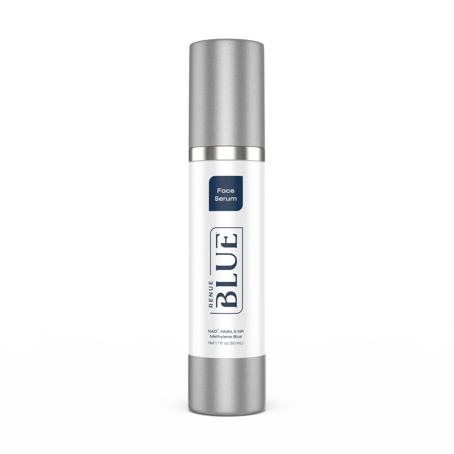 Bottle of Renue Blue face serum on a white background