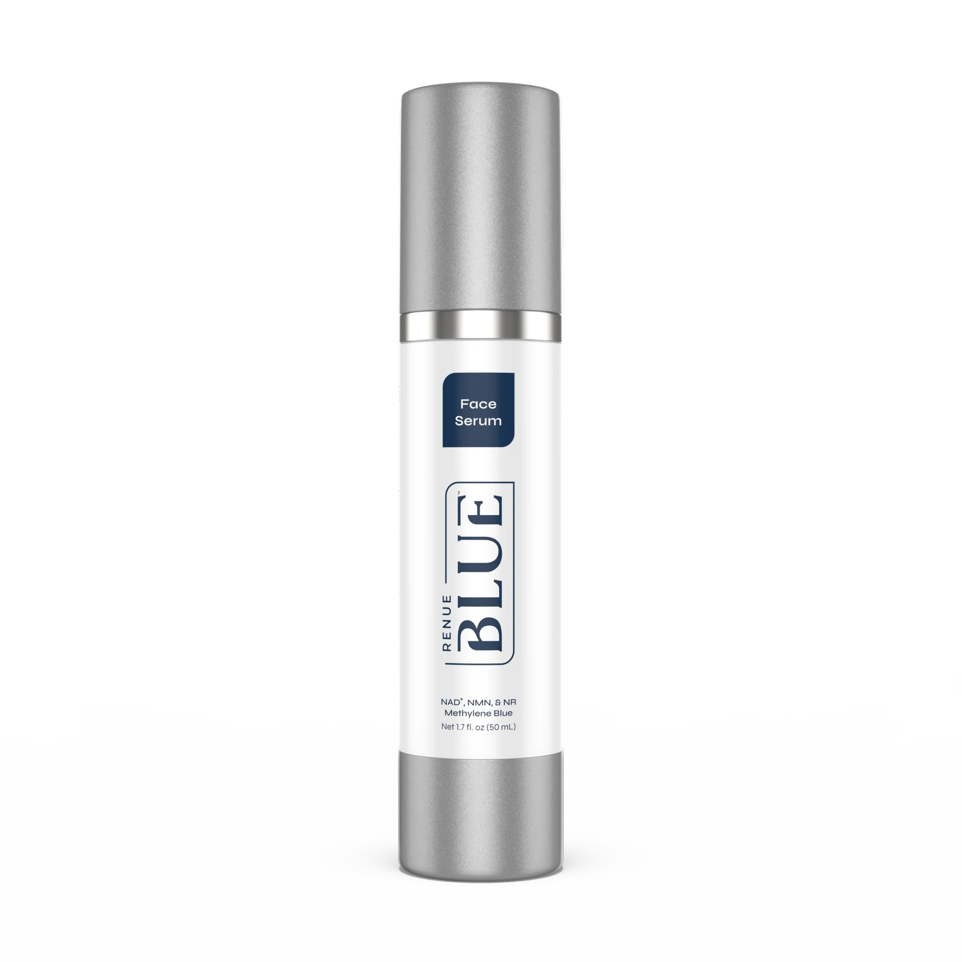 Bottle of Renue Blue face serum on a white background