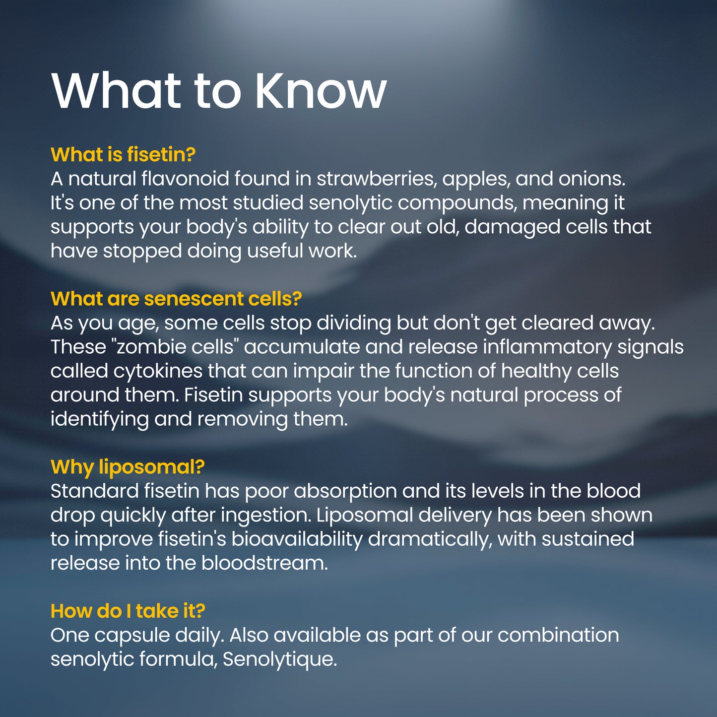 Information about fisetin, a natural flavonoid found in strawberries, apples, and onions, on a blue gradient background.