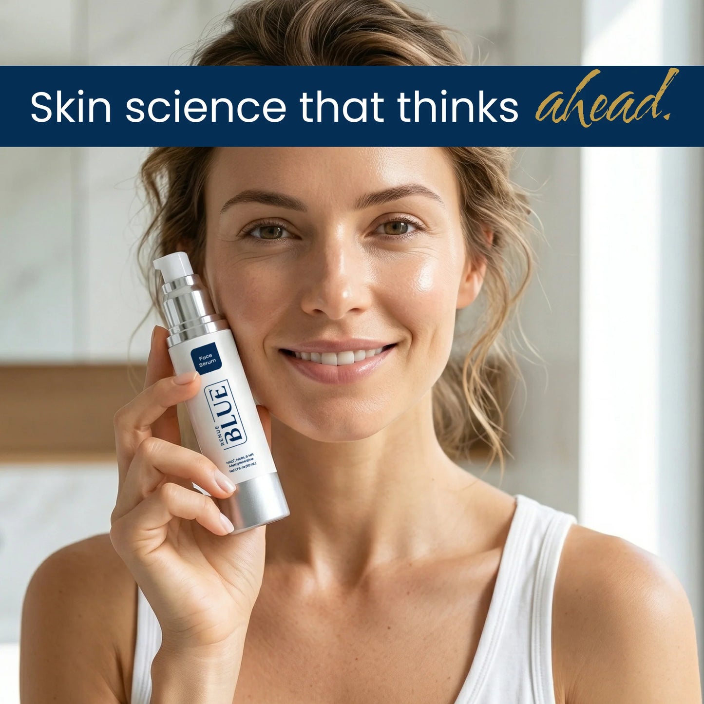 Woman holding a skincare product with 'Blue' branding and text 'Skin science that thinks ahead' above her.