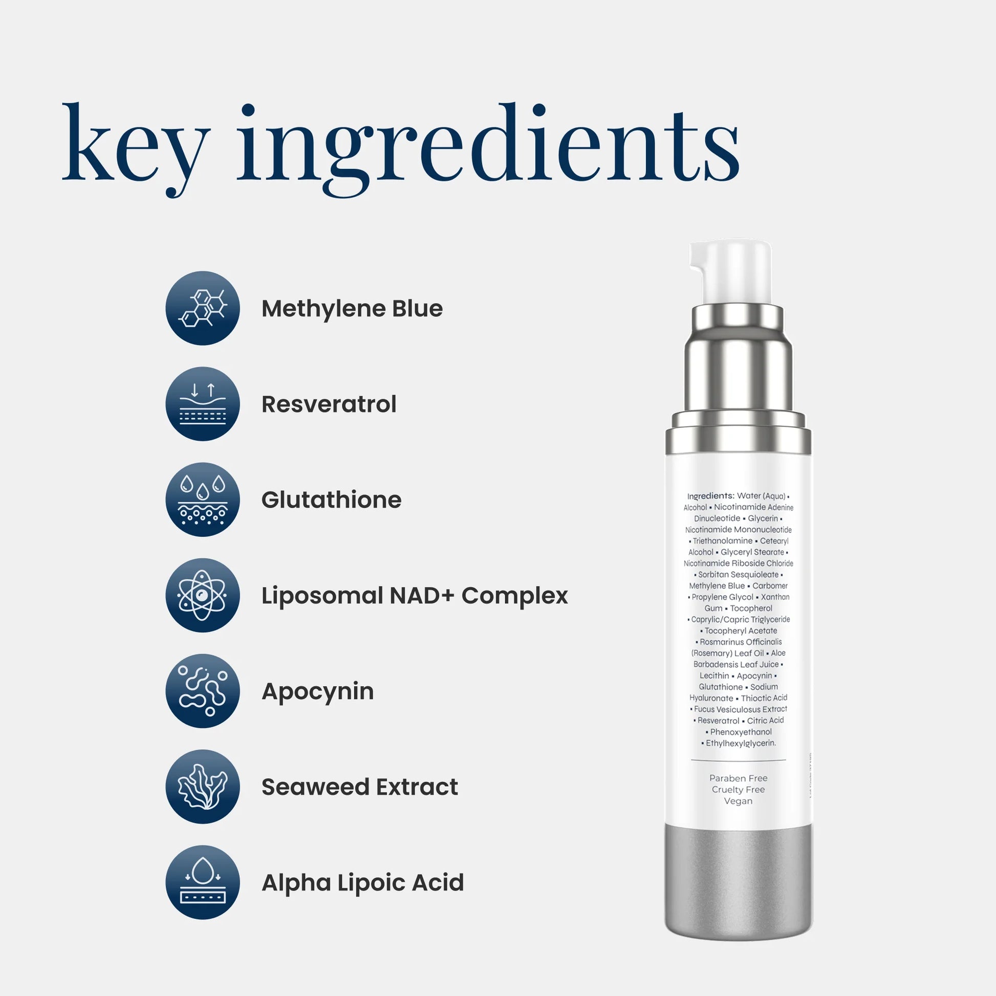Skincare serum bottle with key ingredients listed on a white background