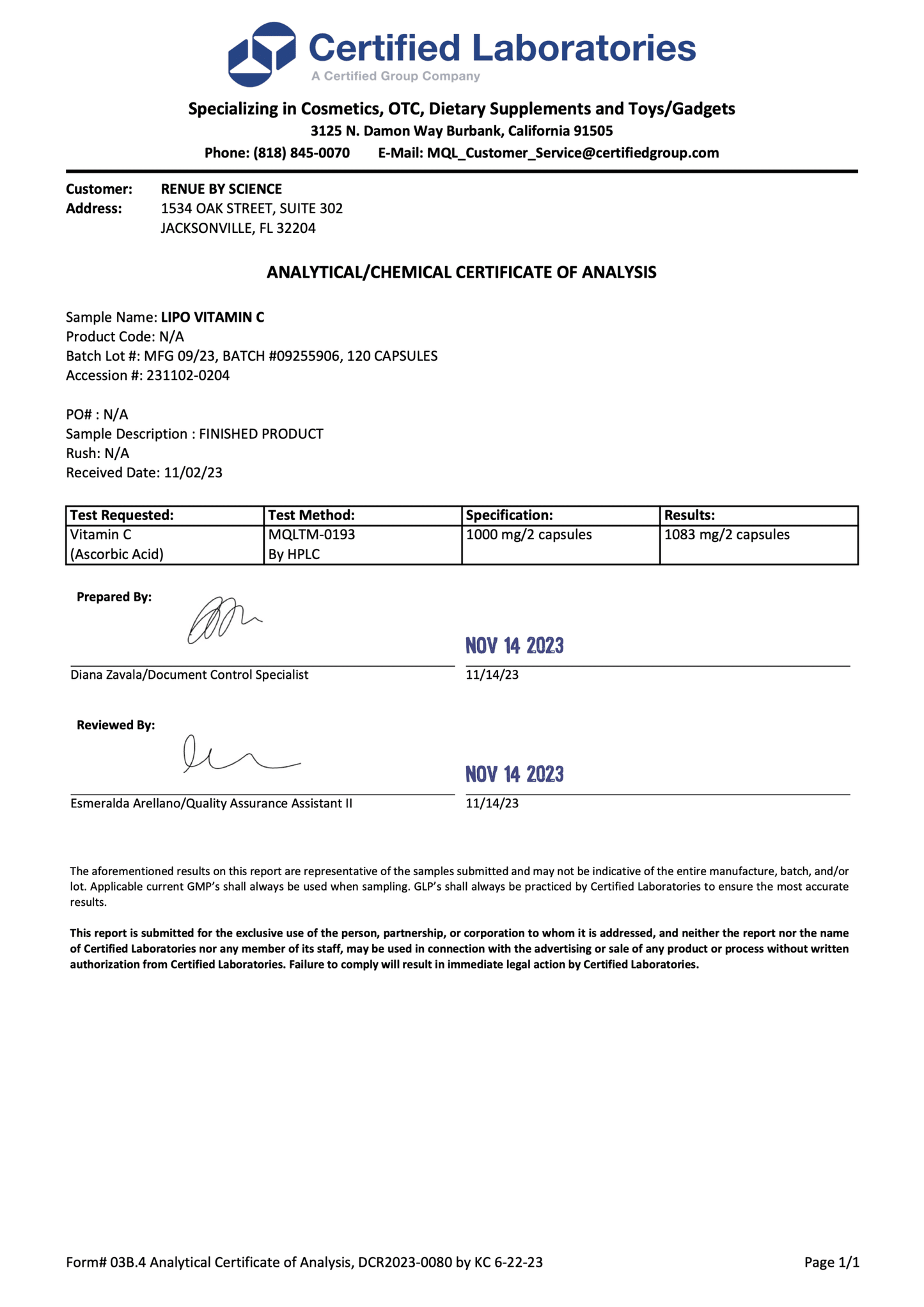 Vitamin C (Liposomal) 120 Ct.