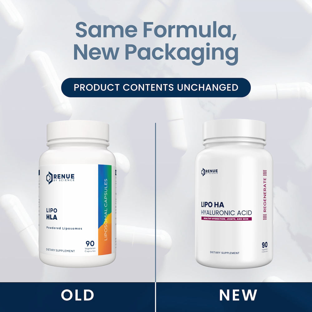 Two supplement bottles labeled 'Old' and 'New' with a focus on packaging change.