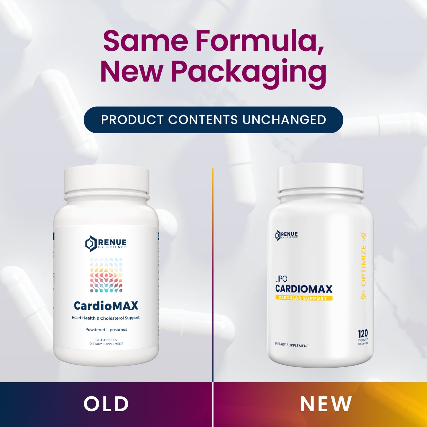 Two containers of CardioMAX by Renue with text indicating 'Same Formula, New Packaging' on a gradient background.