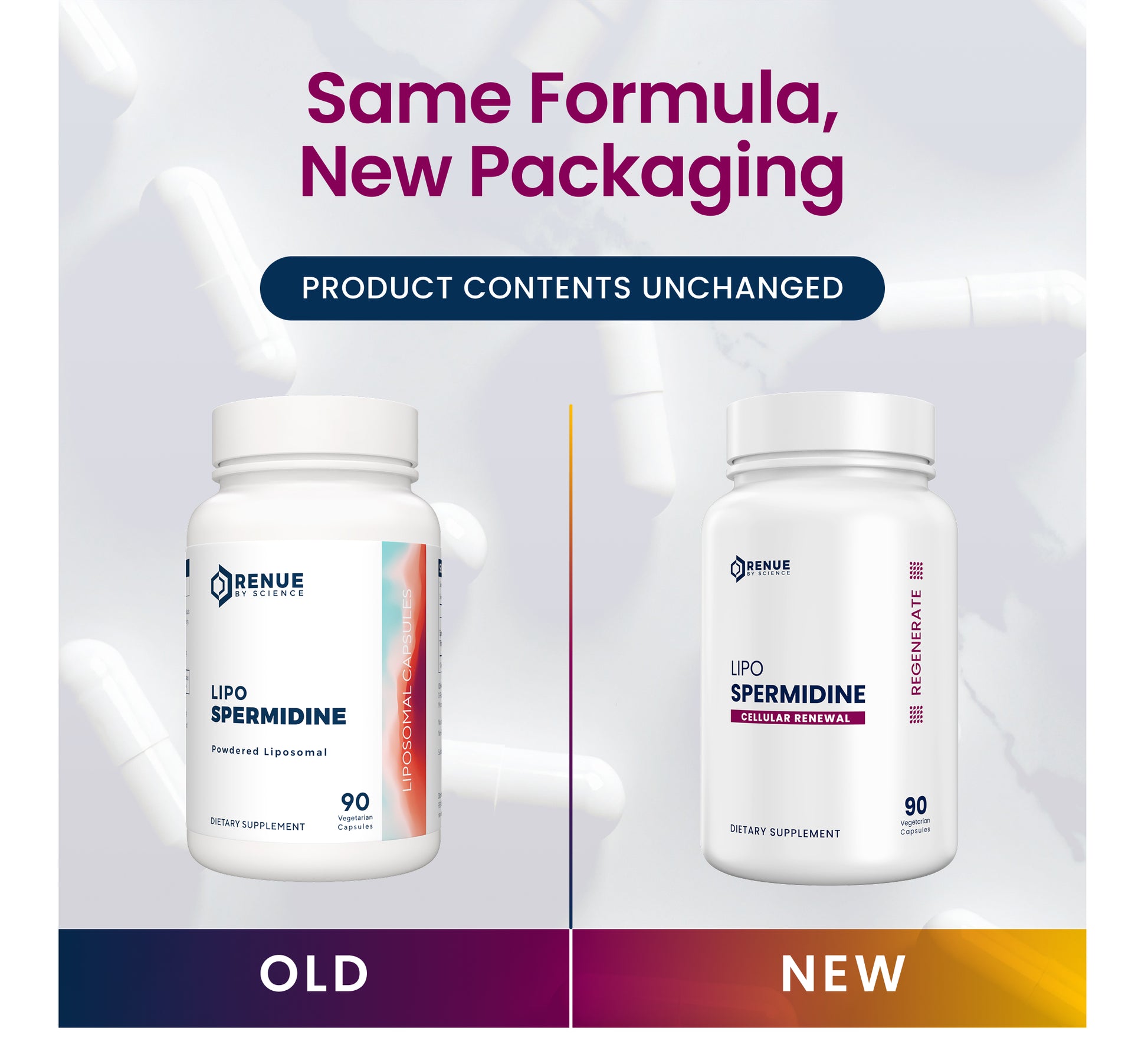 Two versions of a supplement bottle labeled 'Old' and 'New' with text indicating unchanged product contents.