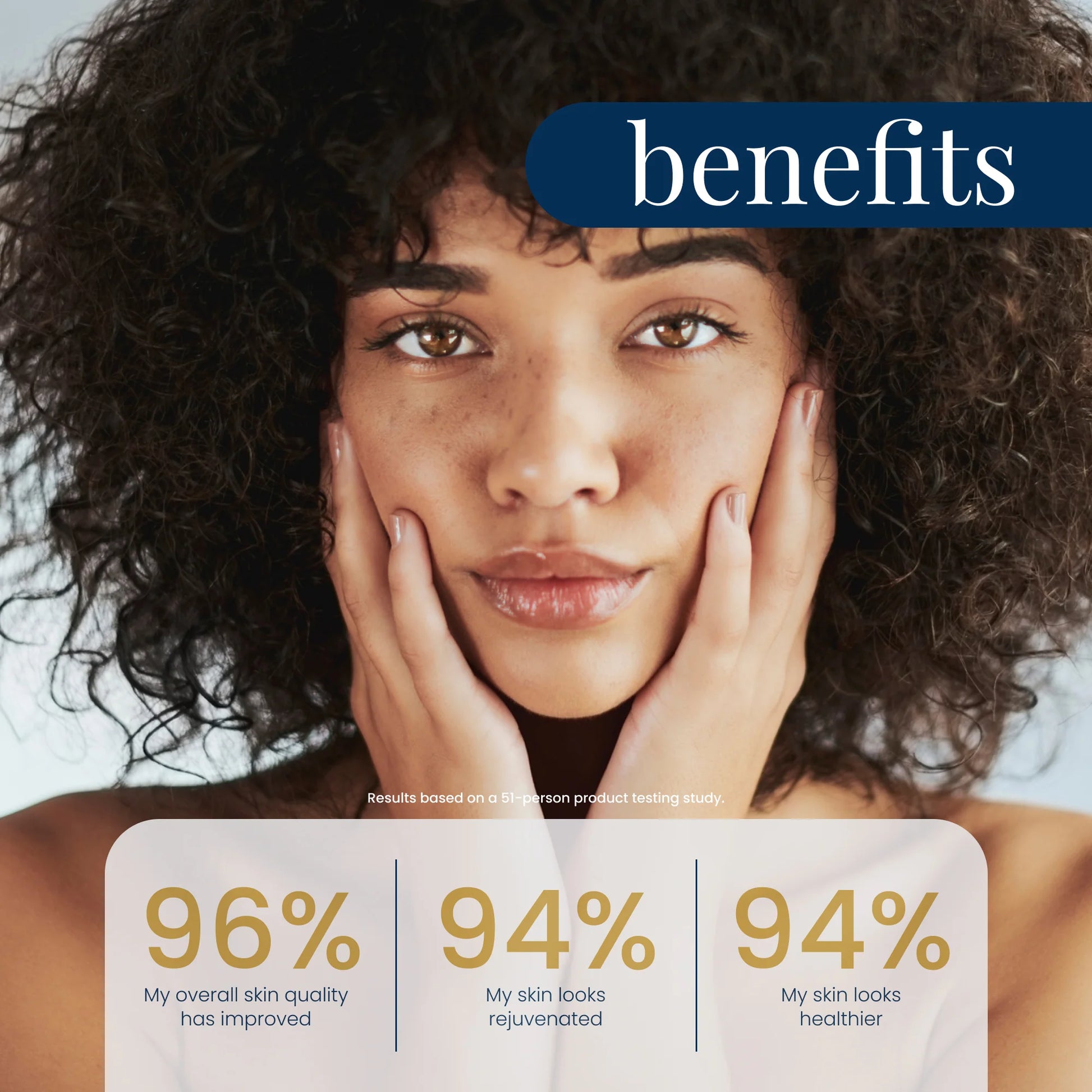 Woman with curly hair touching her face, with text about skin improvement percentages.
