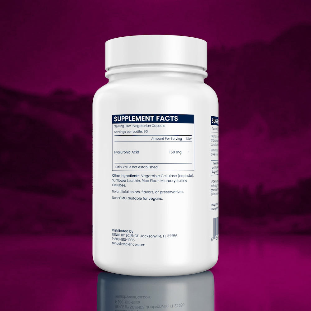 Supplement bottle with label on a purple background