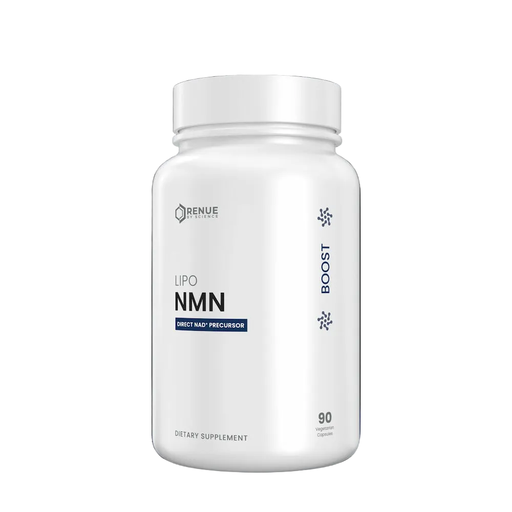 Supplement bottle labeled 'Lipo NMN' on a dark background