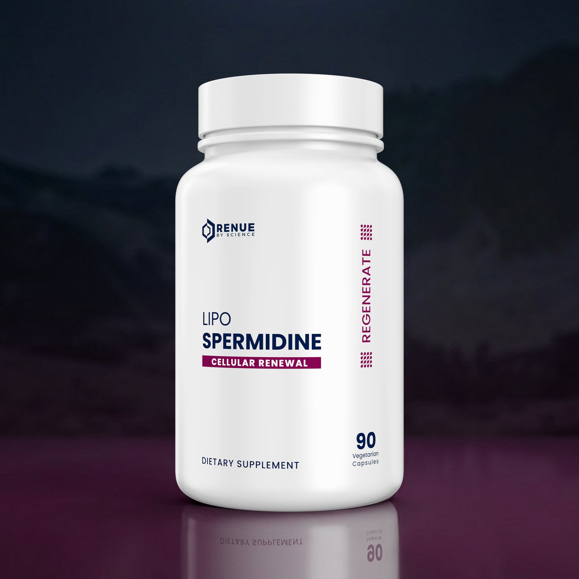 Supplement bottle labeled 'Lipo Spermidine' by Renue on a reflective surface with a dark background