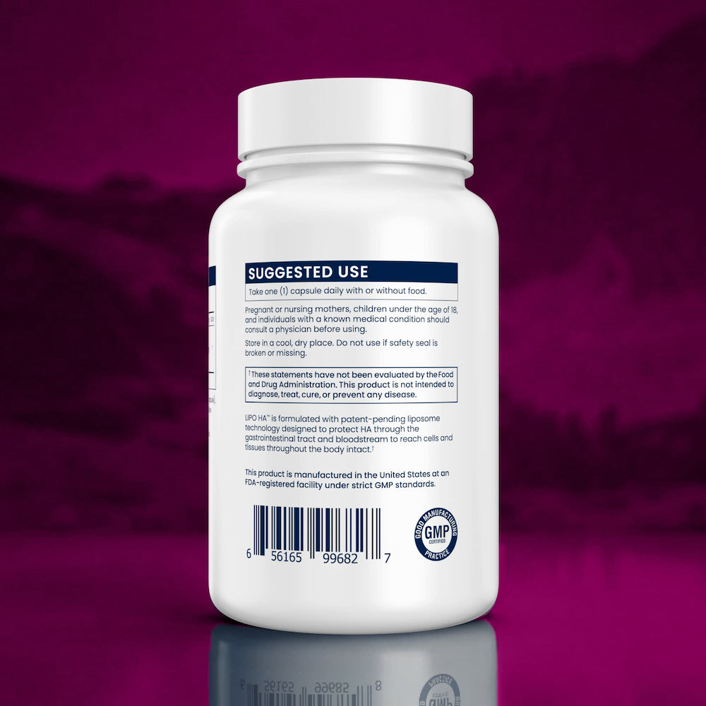 White supplement bottle with label on a purple background