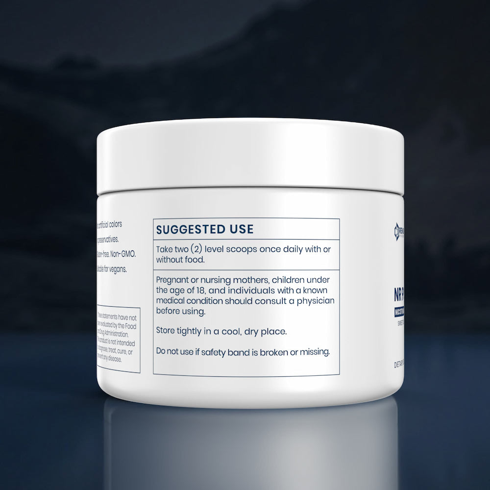 White container with label on a dark reflective surface