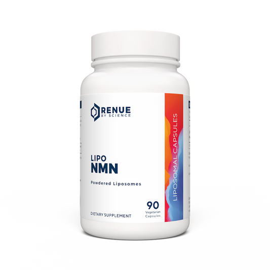 Supplement bottle labeled 'Lipo NMN' by Renue on a white background