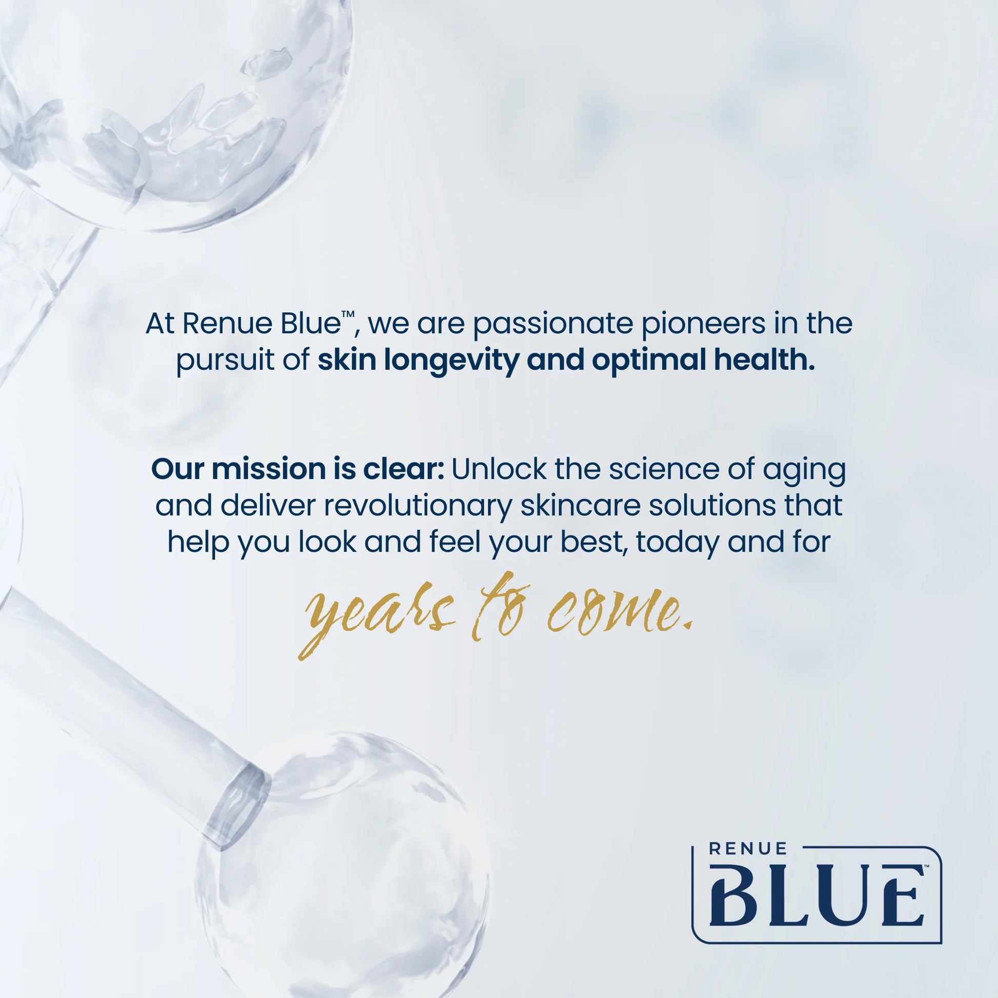 Advertisement for Renue Blue skincare with text about skin longevity and optimal health on a light background.