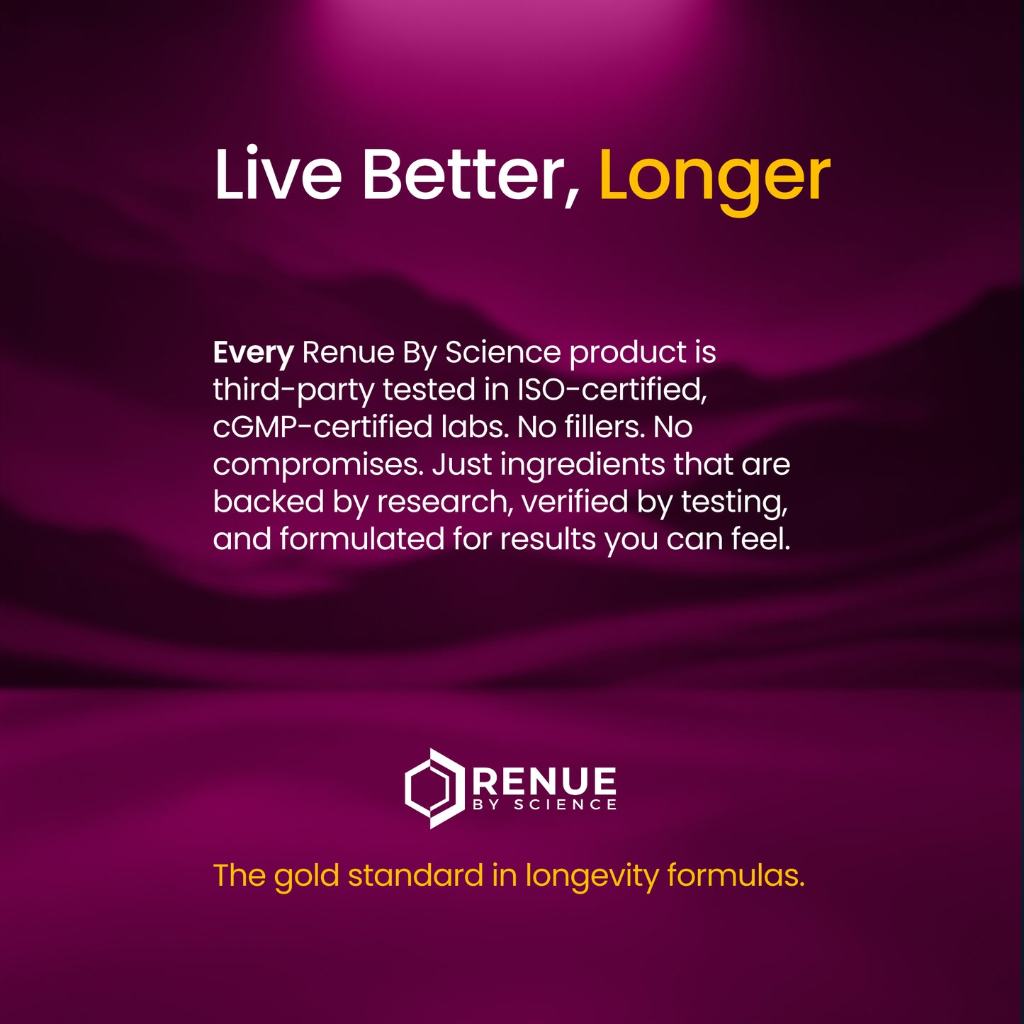 Promotional graphic for Renue by Science with text about product testing and quality on a purple background.