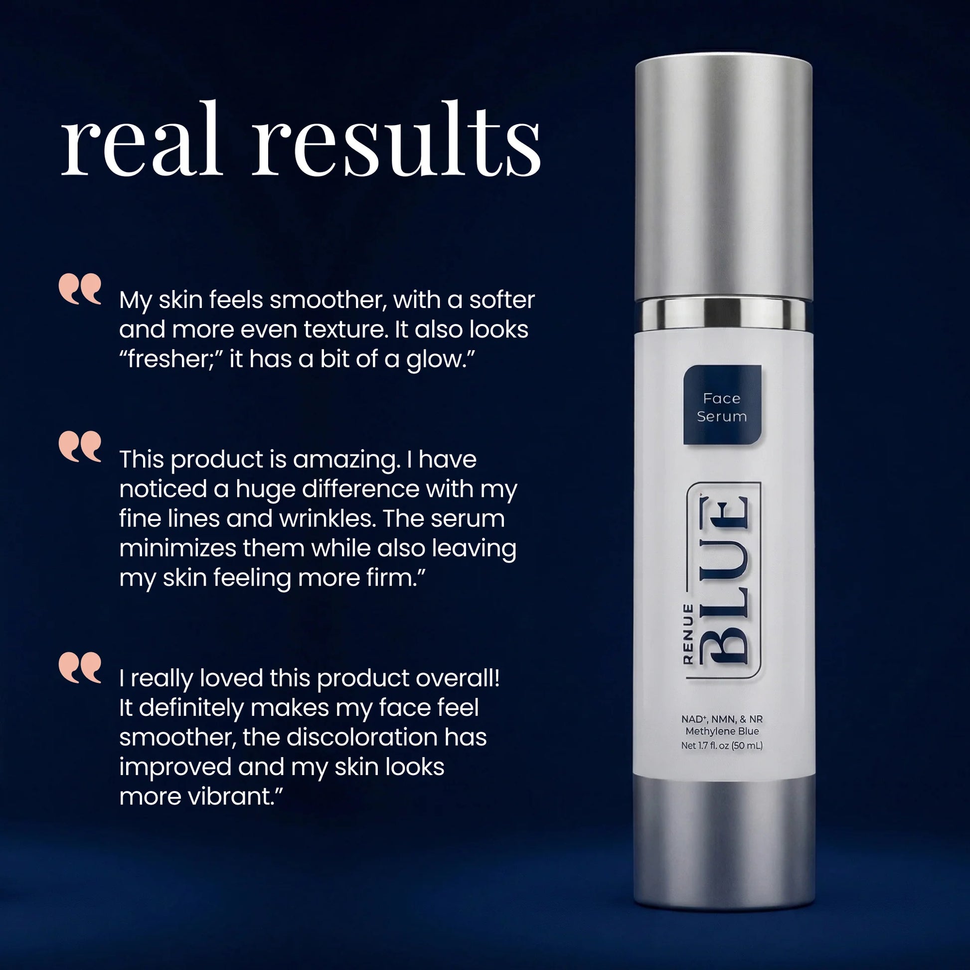 Blue Face Serum bottle with customer testimonials on a dark background