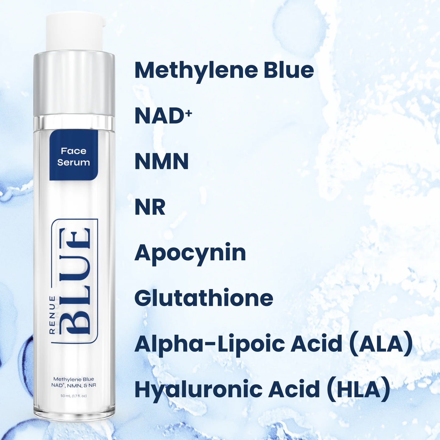 Renue Blue™ 面部和手部精华液，含亚甲蓝、谷胱甘肽、NAD⁺、NMN、NR（脂质体） 