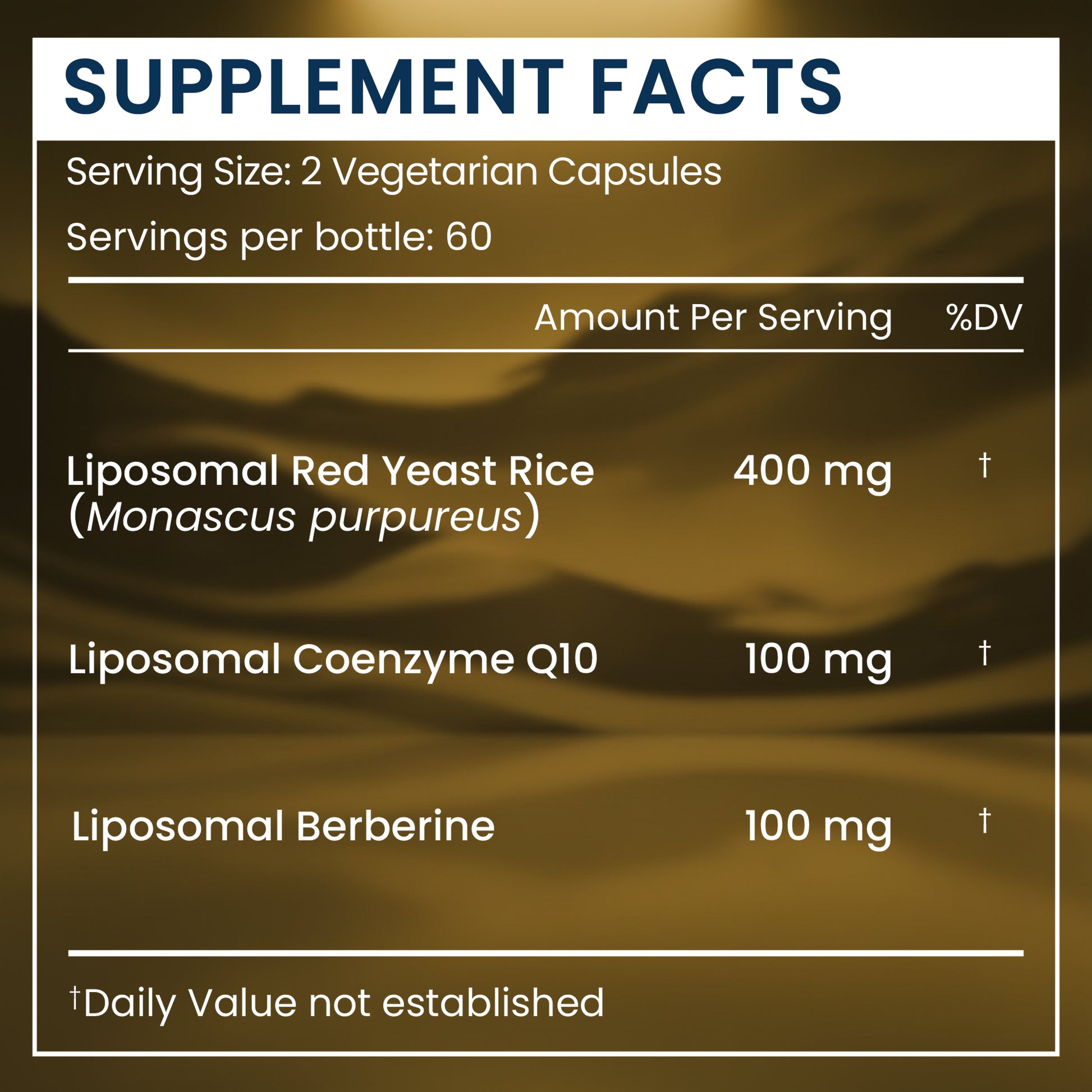 Supplement facts label with liposomal red yeast rice, coenzyme Q10, and berberine on a dark background