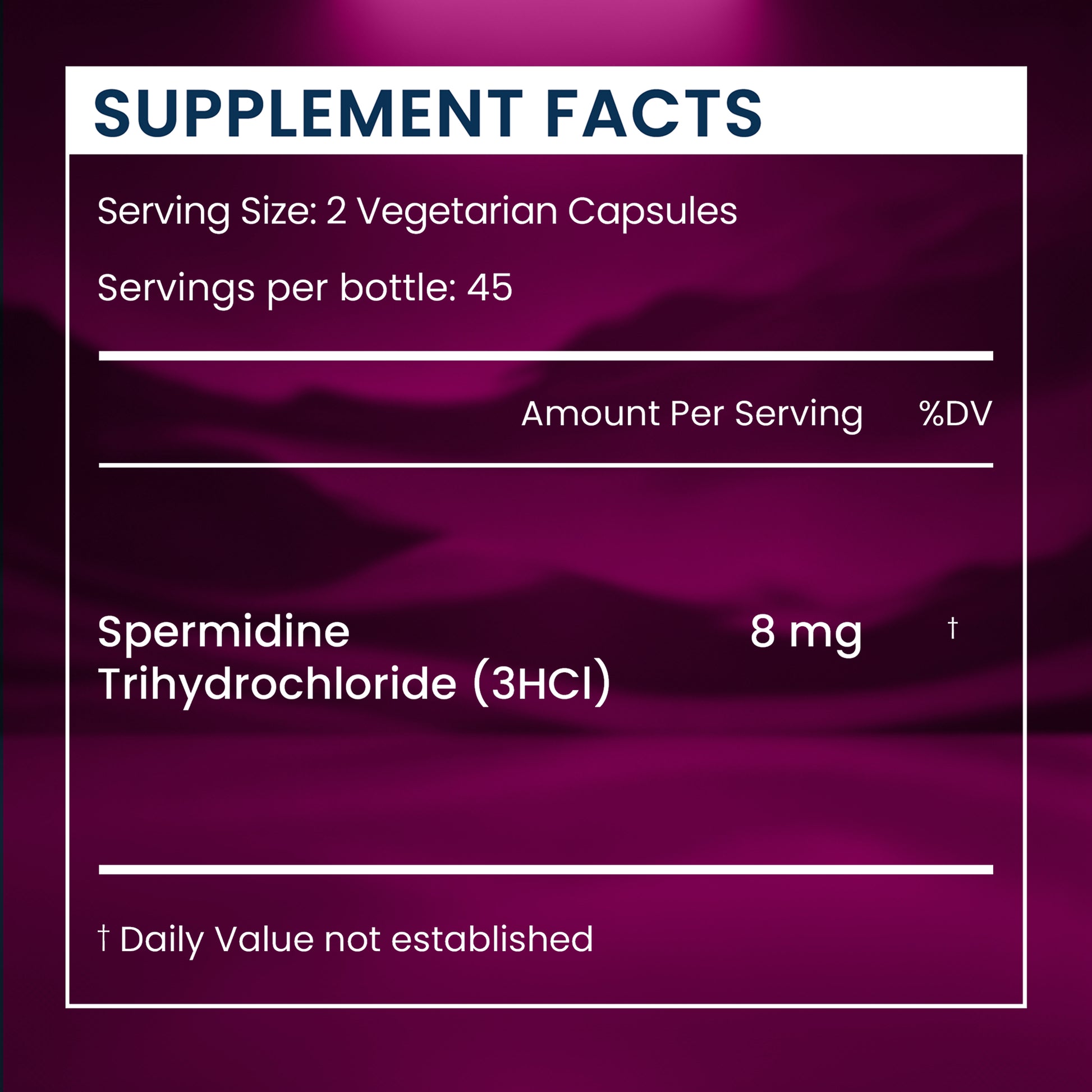 Supplement facts label for Spermidine Trihydrochloride on a purple background