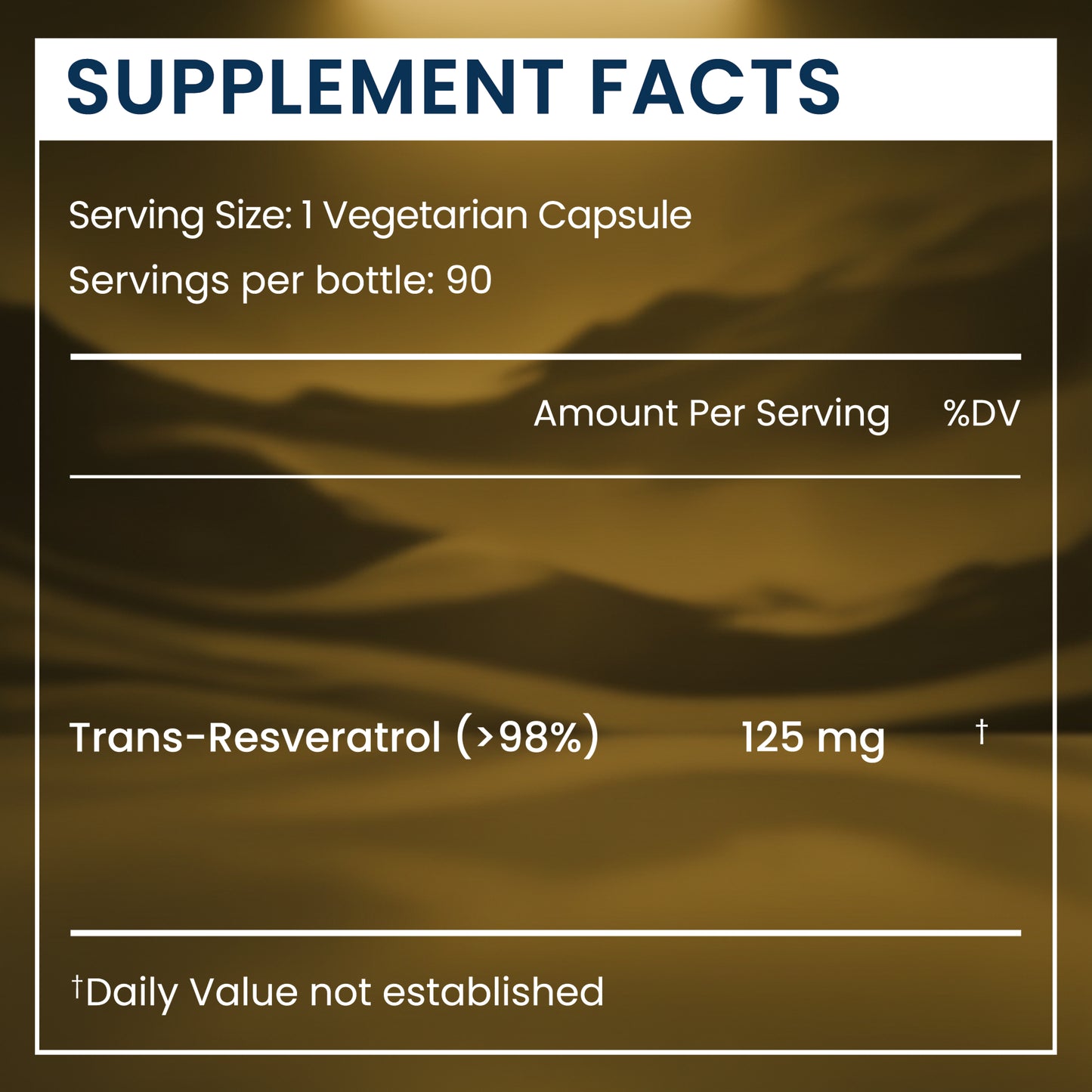 Supplement facts label for a product containing Trans-Resveratrol on a brown background.