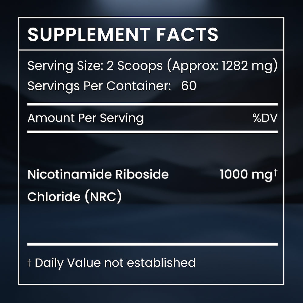 Supplement facts label for a product with Nicotinamide Riboside and Chloride on a dark background