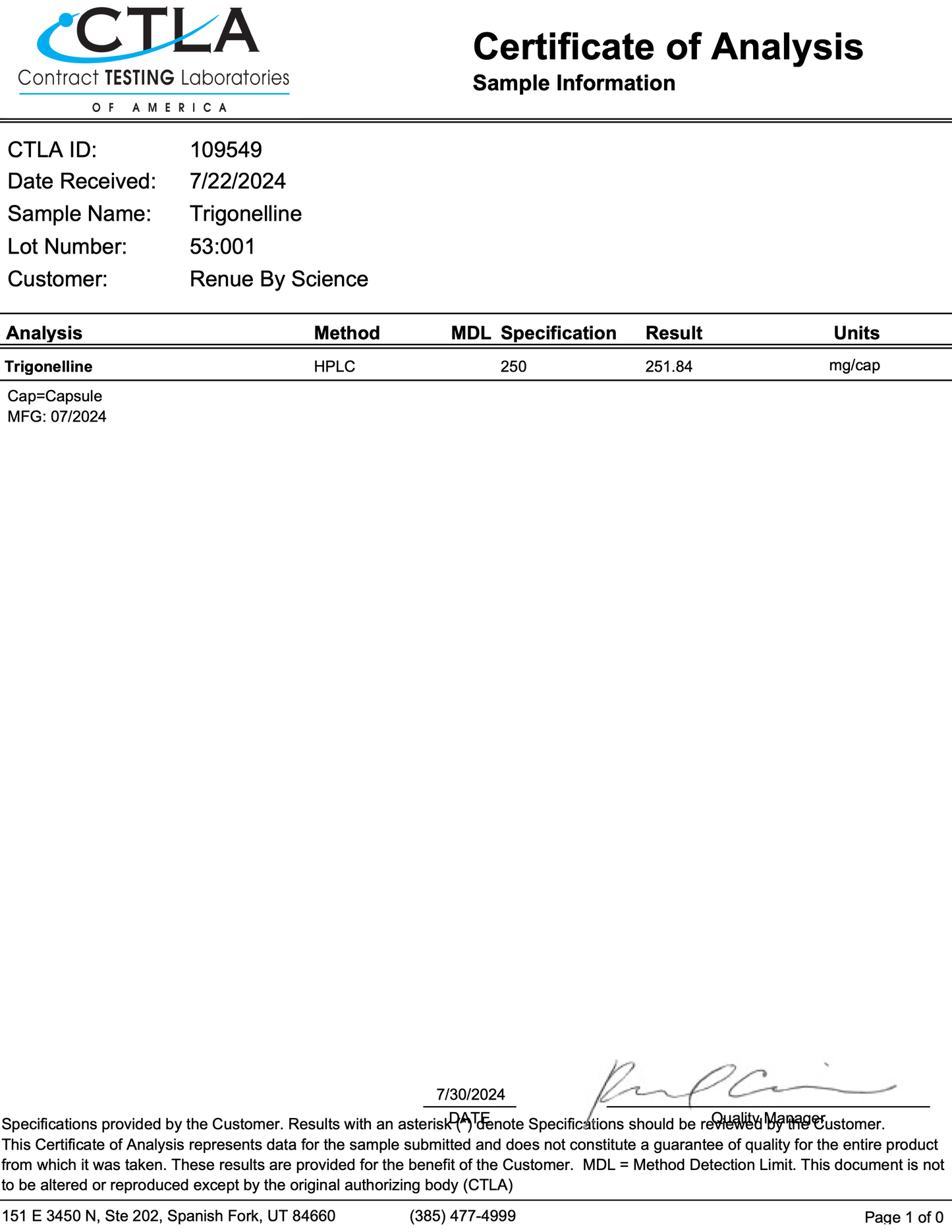 Trigonelline (NAD+ Precursor) - Methylated Niacin 250 mg 90 Ct.