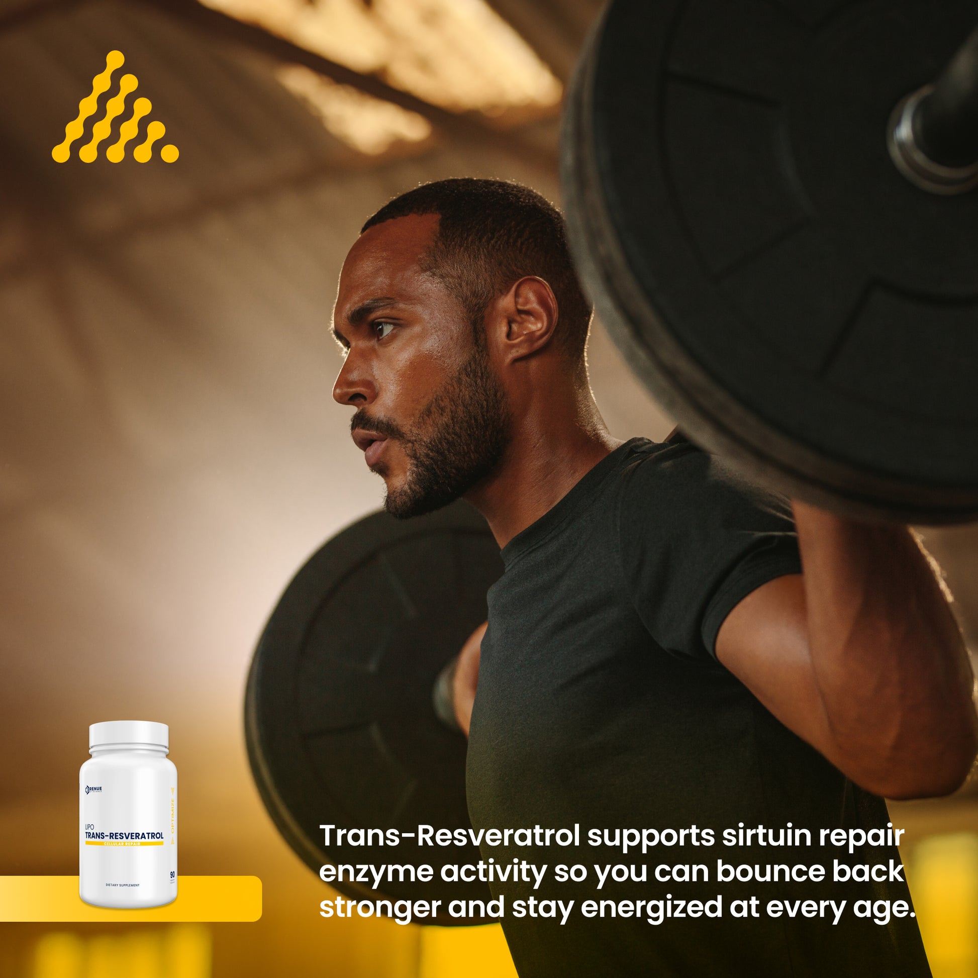 Man lifting weights with a supplement bottle labeled 'Trans-Resveratrol' in the foreground.