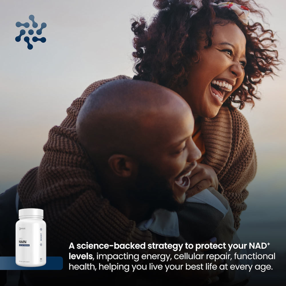 Woman hugging a child with a supplement bottle and text about NAD+ levels.