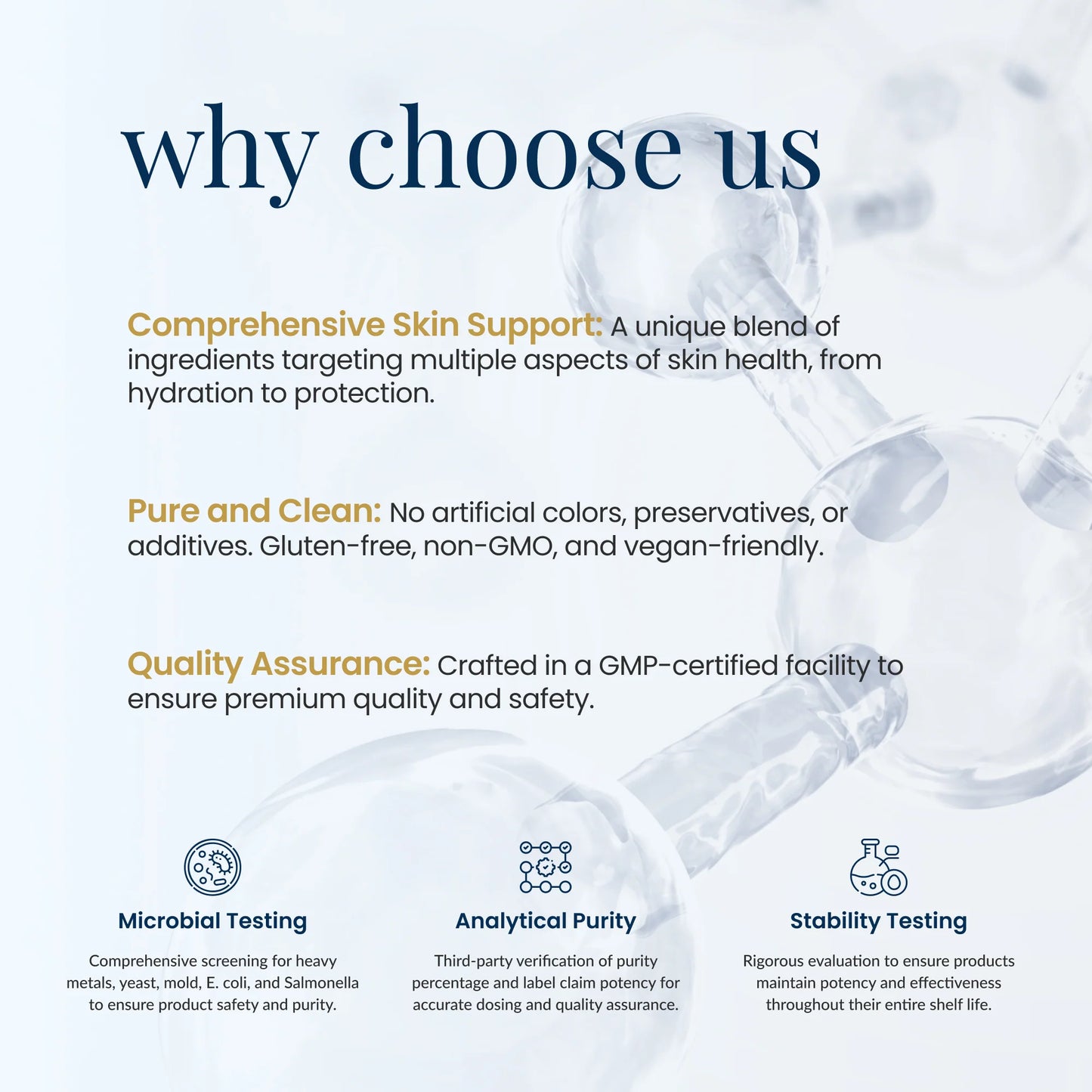 Promotional graphic highlighting reasons to choose a skincare product, with a molecular structure in the background.
