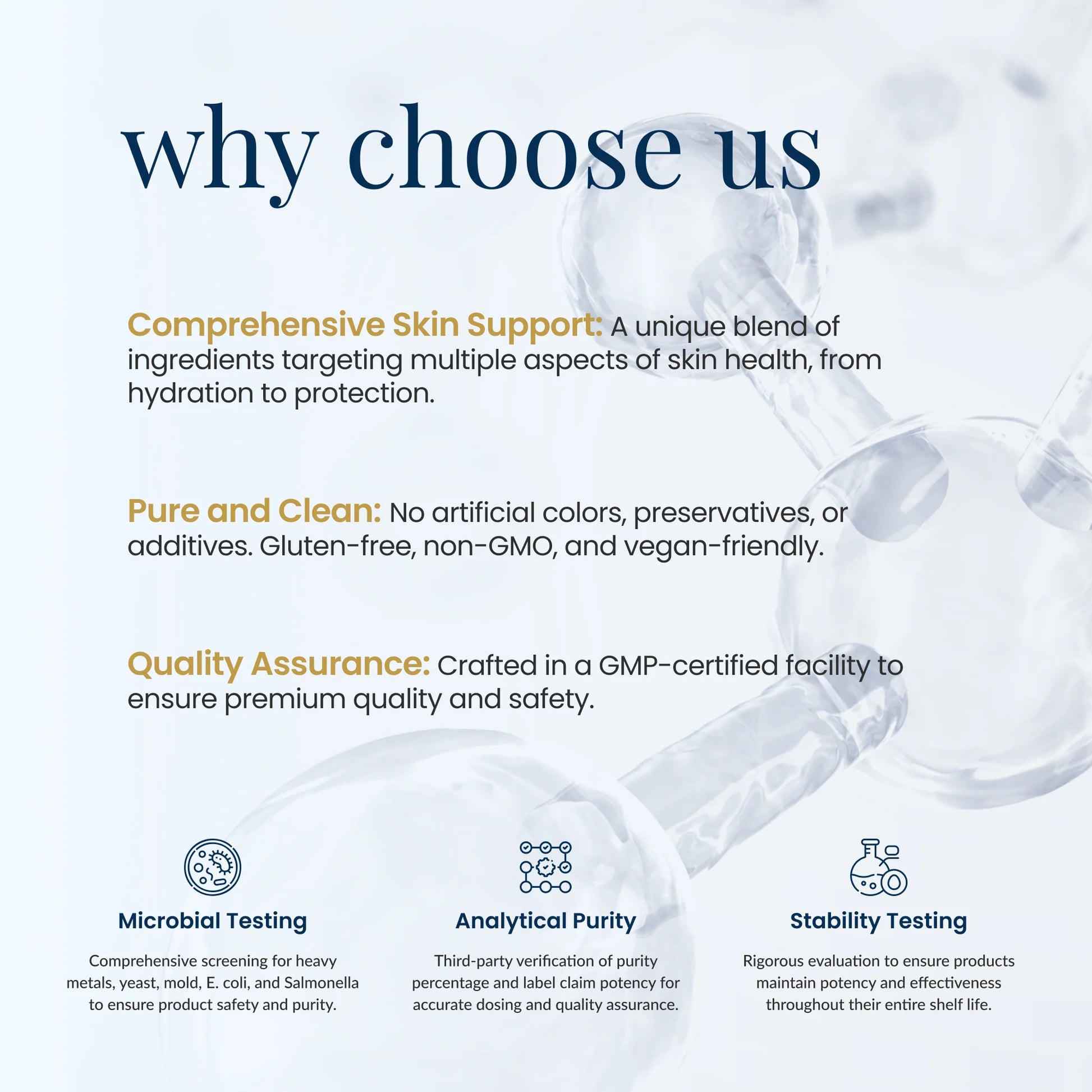 Promotional graphic highlighting reasons to choose a skincare product, with a molecular structure in the background.