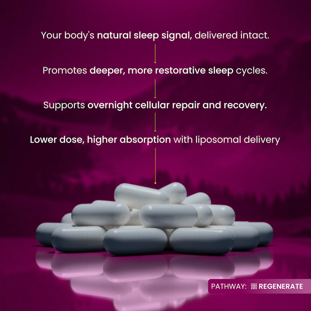 White pills on a purple background with text about sleep support and cellular repair.