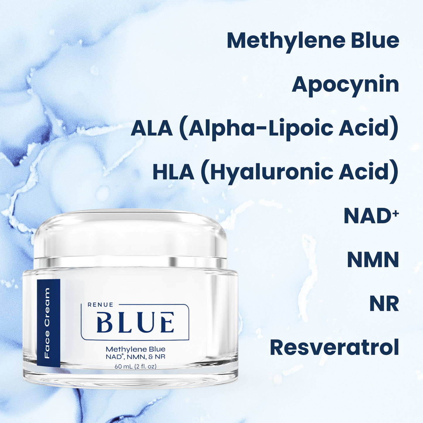 Renue Blue™ Face Cream with Methylene Blue, NAD⁺, NMN, NR (Liposomal)