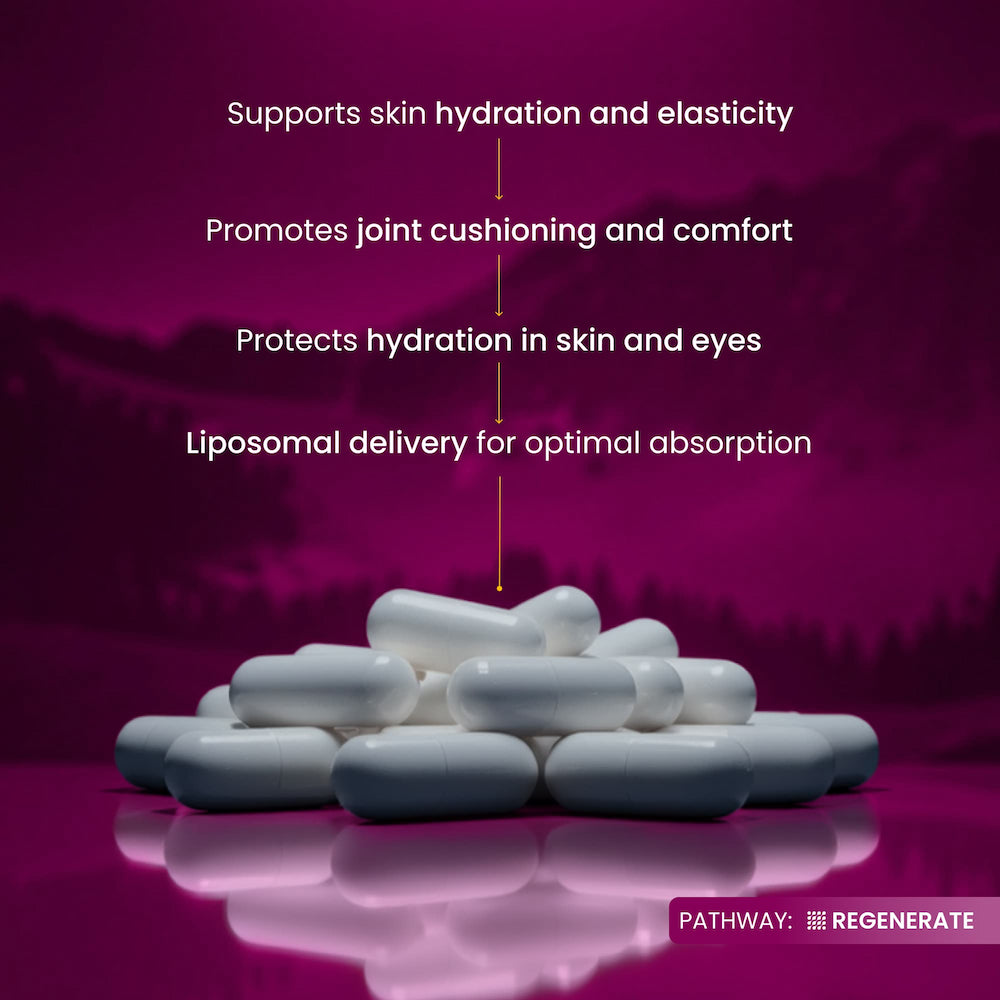White capsules on a purple background with text about skincare benefits and Pathway Regenerate branding.