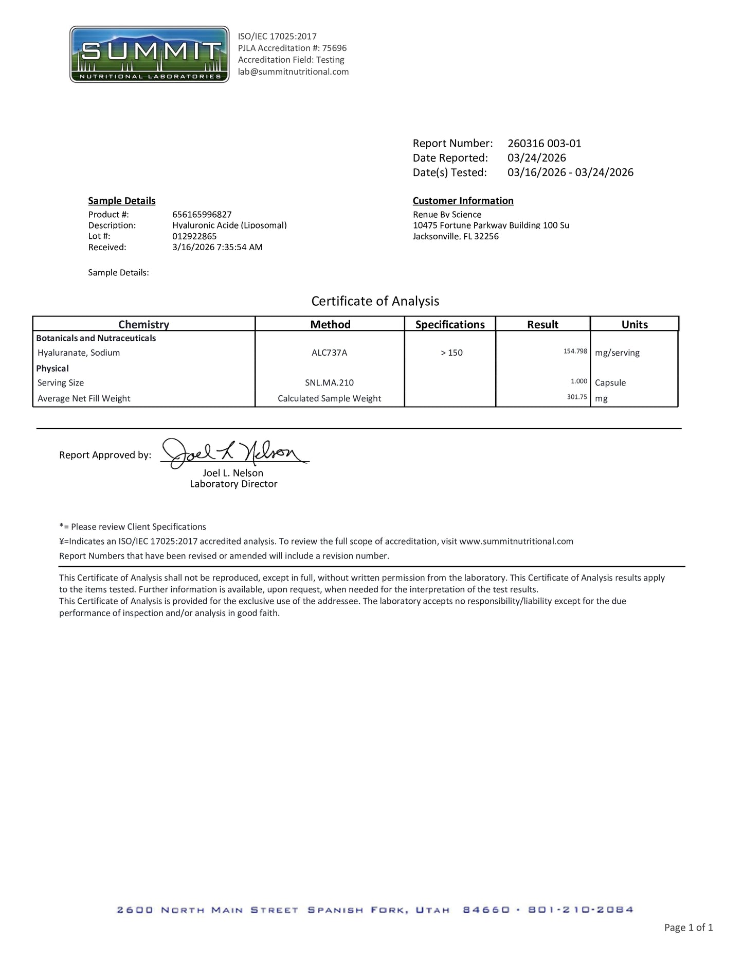 Summit certificate of analysis document with laboratory information and test results.