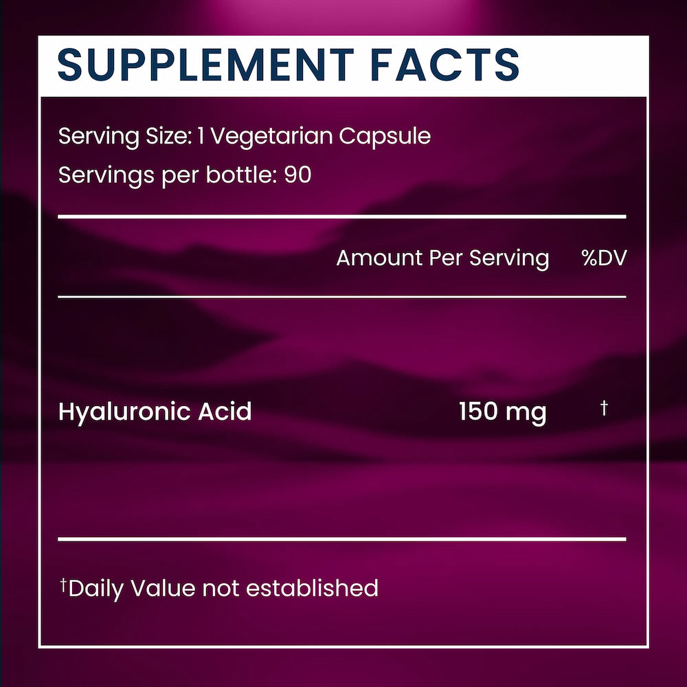 Supplement facts label for a vegetarian capsule with hyaluronic acid on a purple background