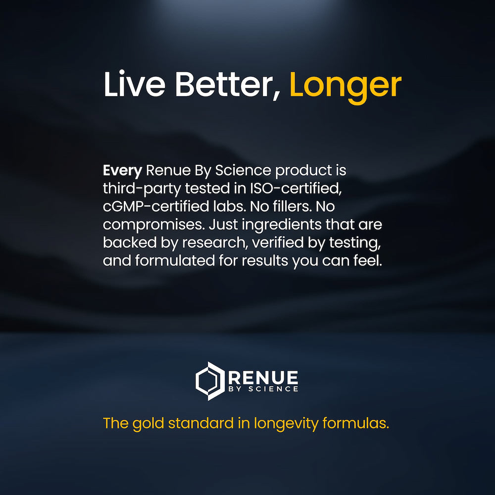 Promotional graphic for Renue by Science with text about product testing and quality.