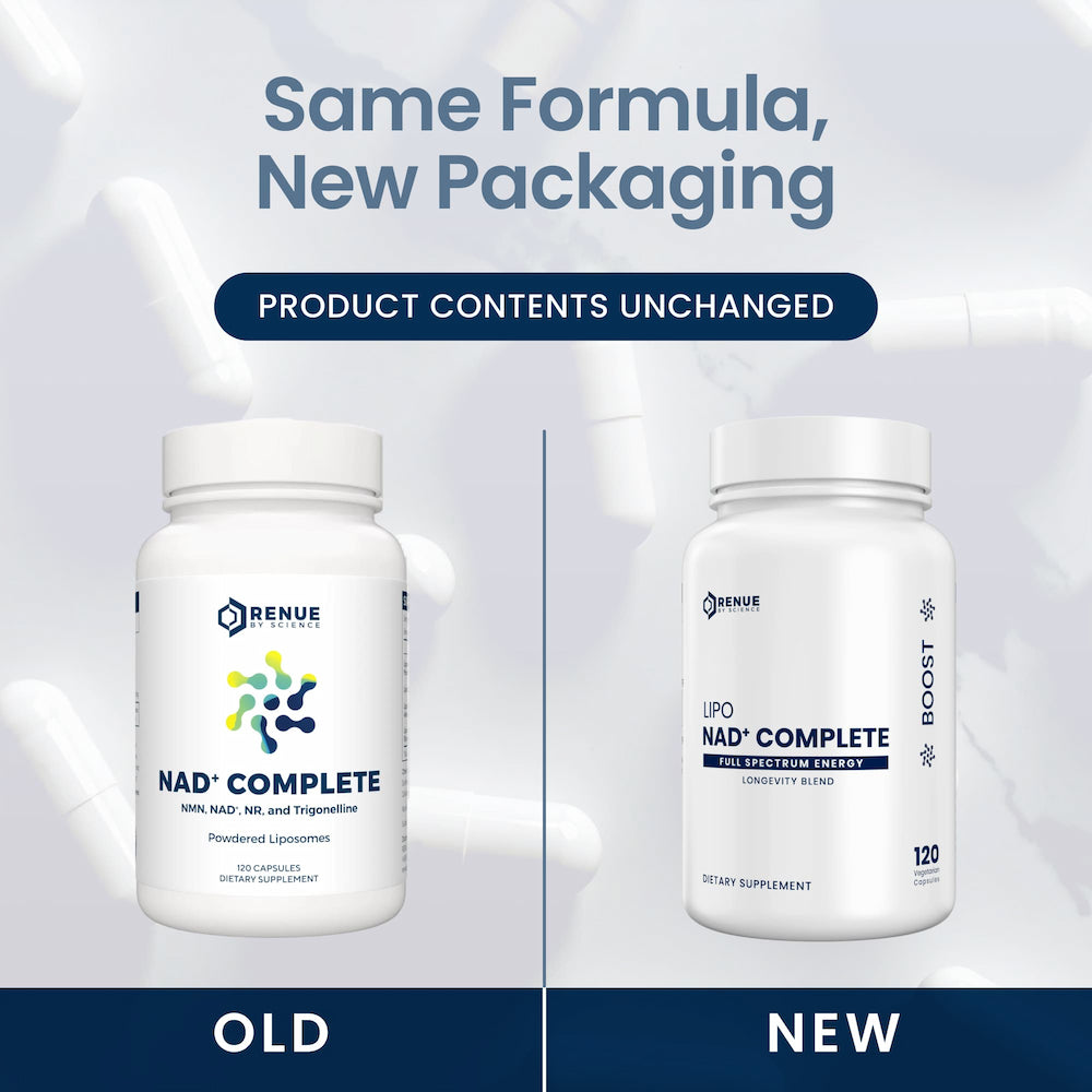Two supplement bottles labeled 'NAD Complete' with text indicating same formula, new packaging.