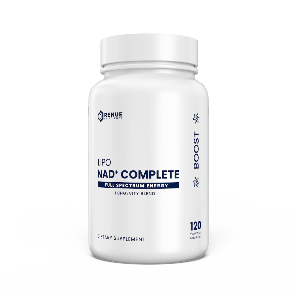 Supplement bottle labeled 'Lipo NAD+ Complete' on a white background