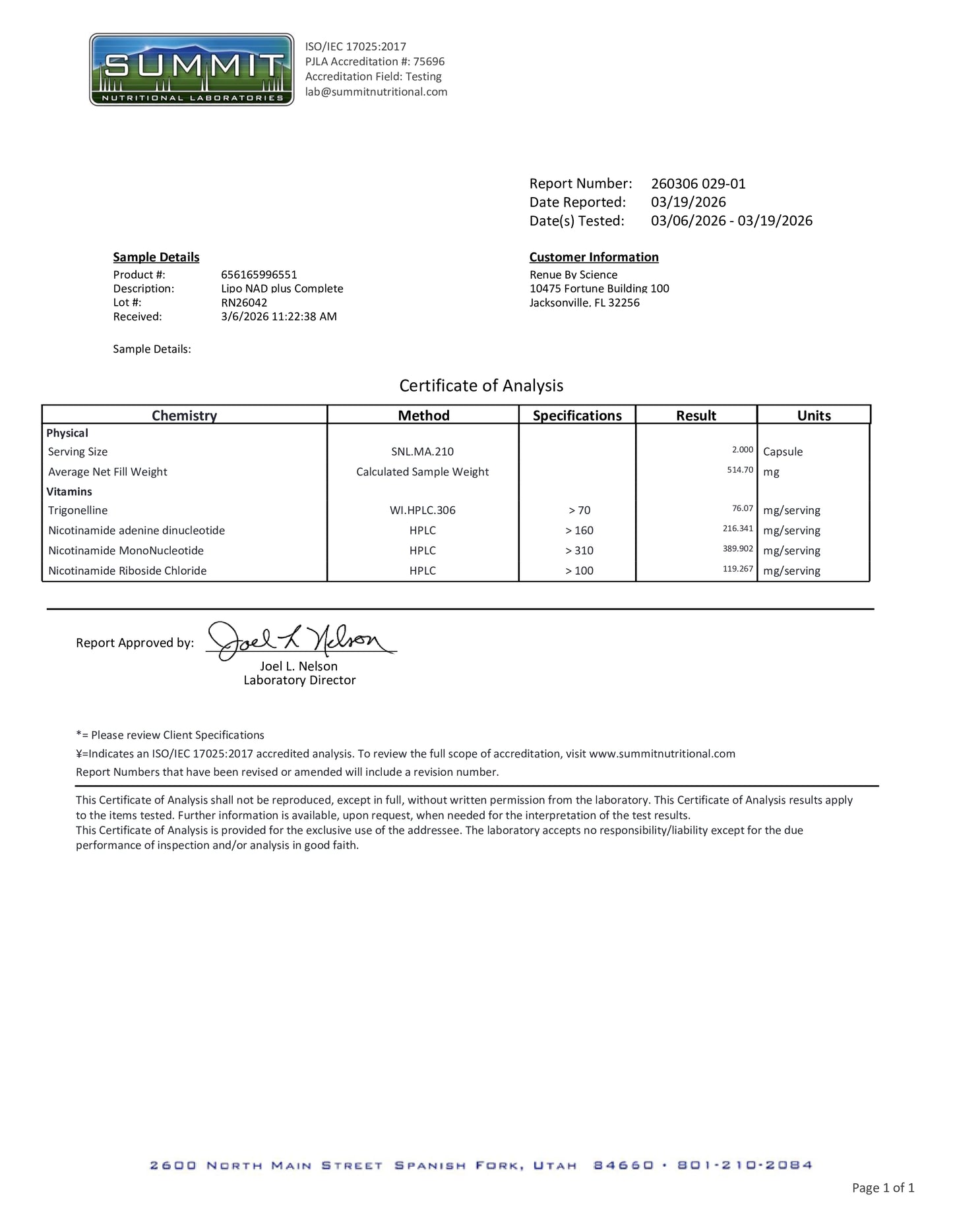 Summit Certificate of Analysis document with laboratory results.
