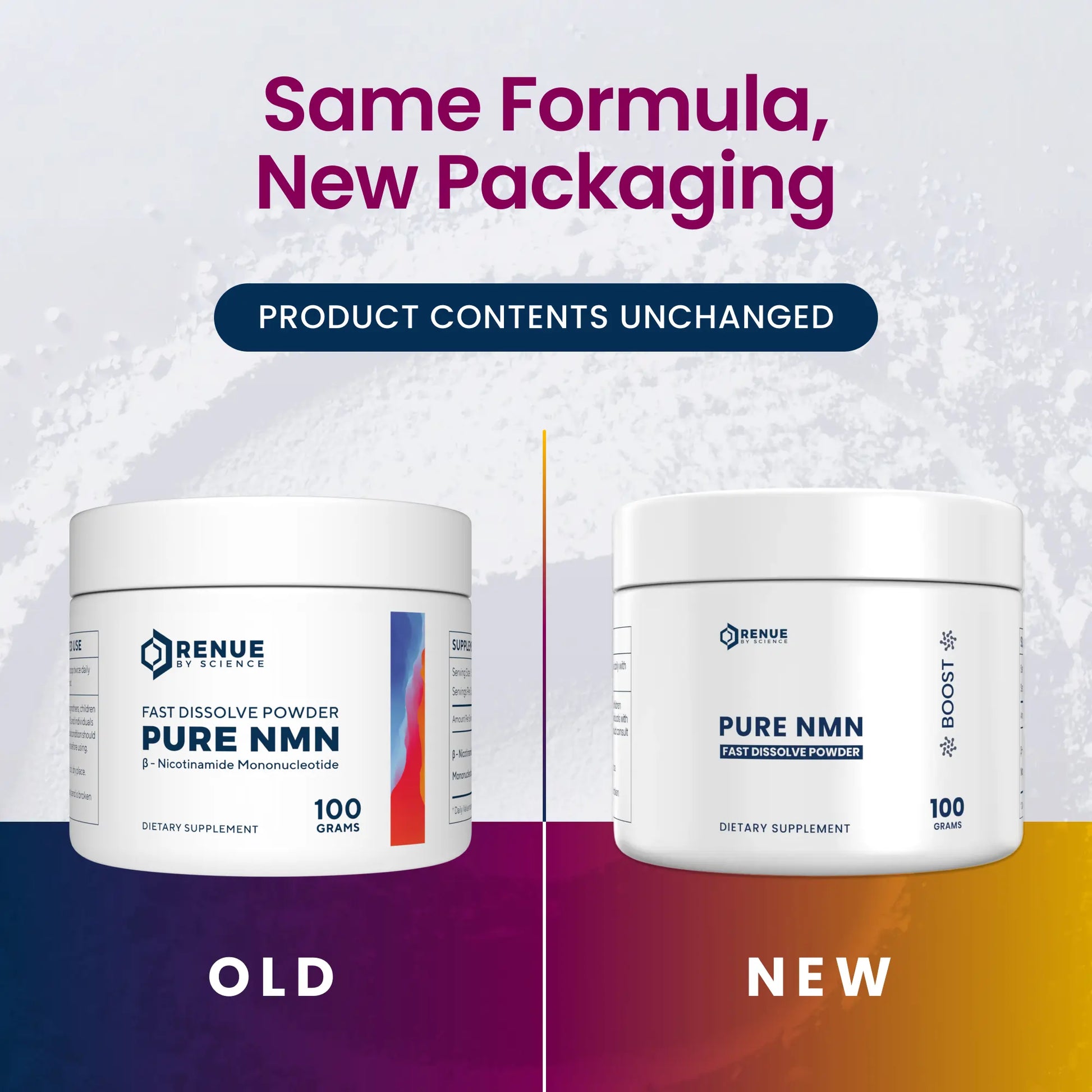 Two containers of Renue Pure NMN powder with text indicating 'Same Formula, New Packaging' on a gradient background.