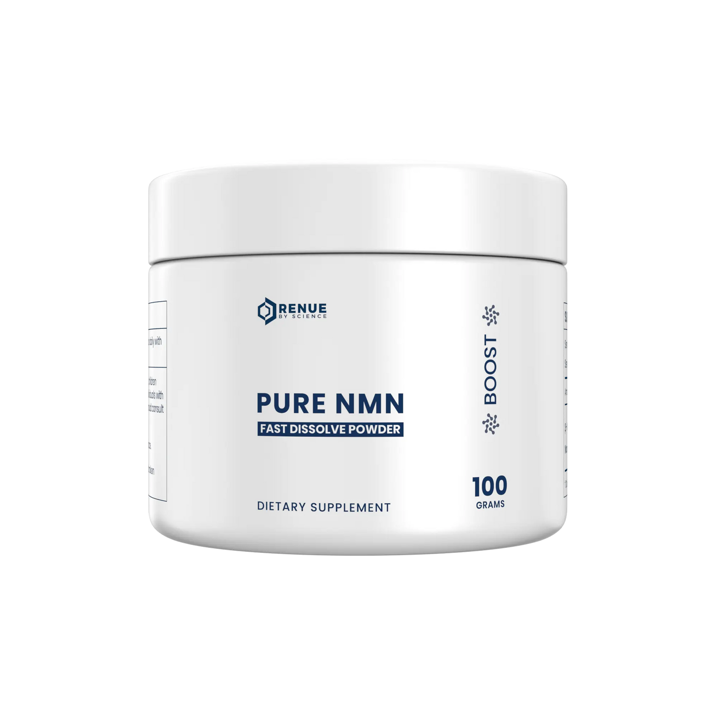 Jar of Pure NMN dietary supplement powder on a white background