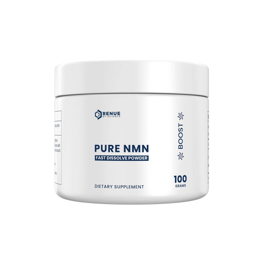 Jar of Pure NMN dietary supplement powder on a white background
