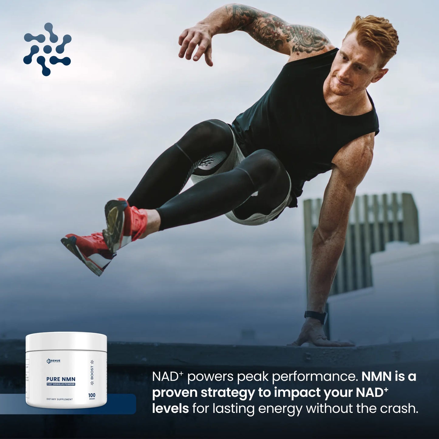 Man in athletic pose with NAD+ supplement container and text about NAD+ benefits.