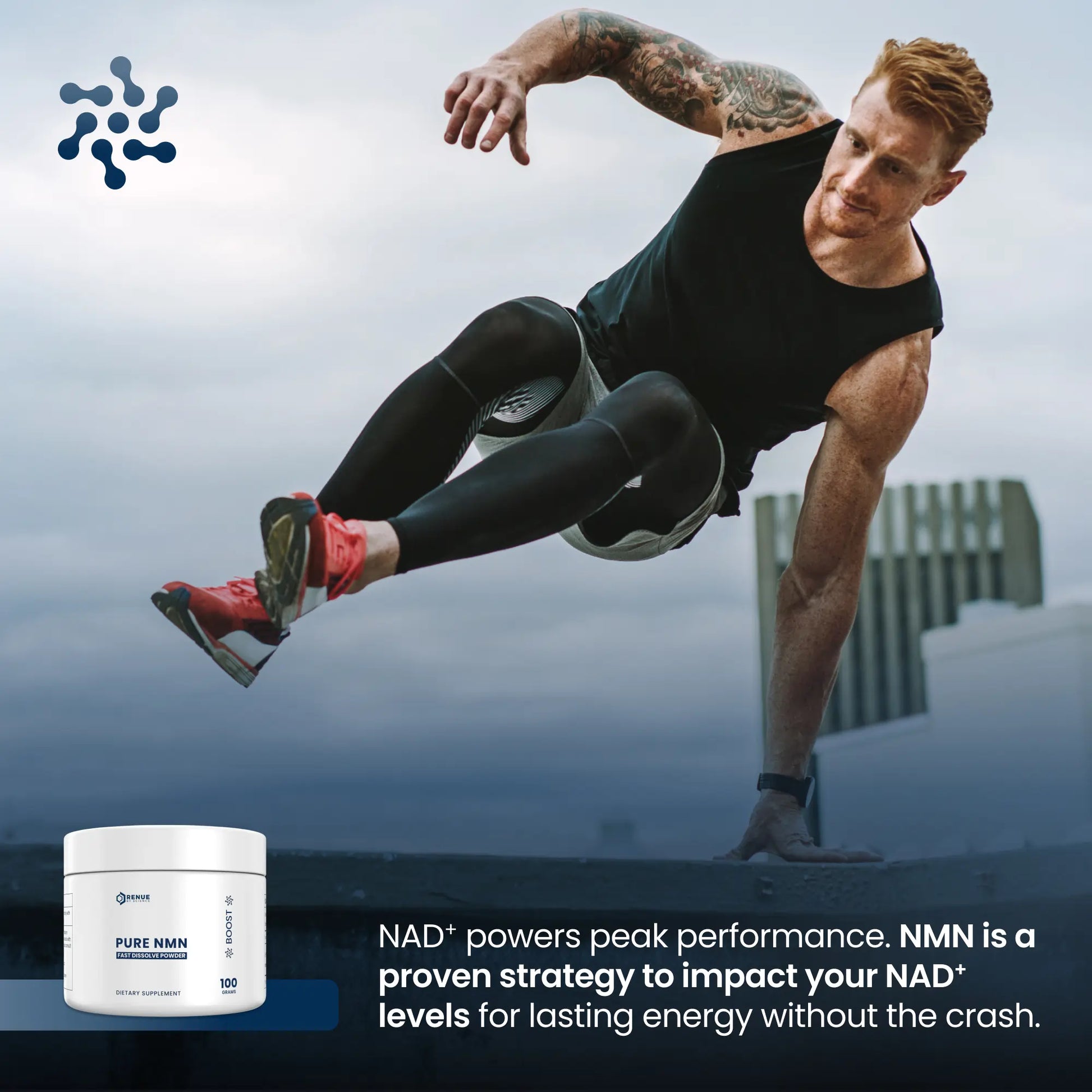 Man in athletic pose with NAD+ supplement container and text about NAD+ benefits.