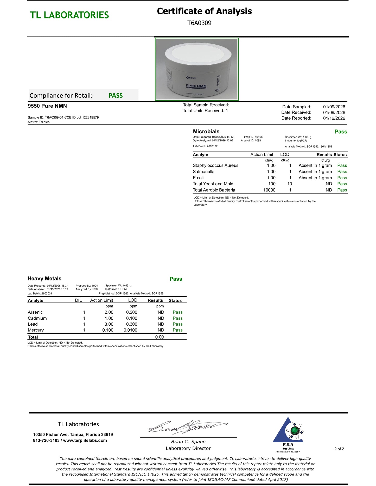 Certificate of Analysis from TL Laboratories with product image and test results.