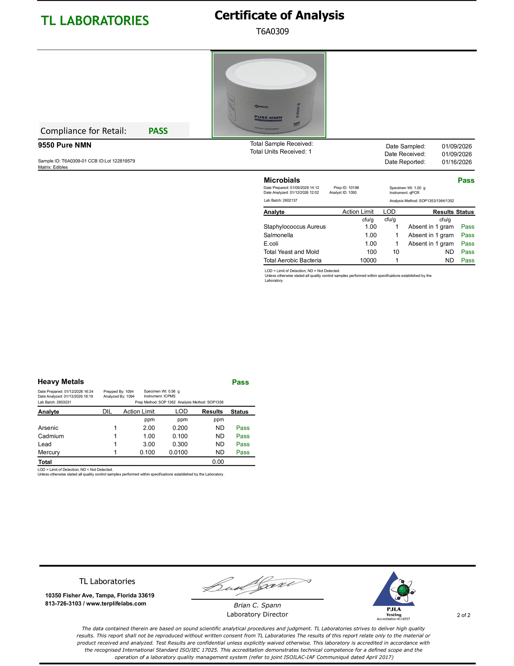Certificate of Analysis from TL Laboratories with product image and test results.