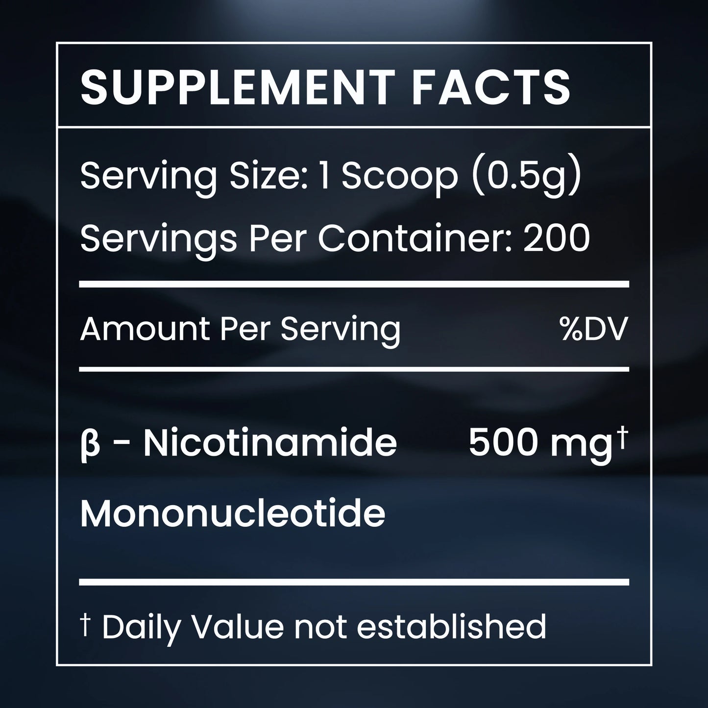 Supplement facts label for a product with β-Nicotinamide Mononucleotide on a dark background