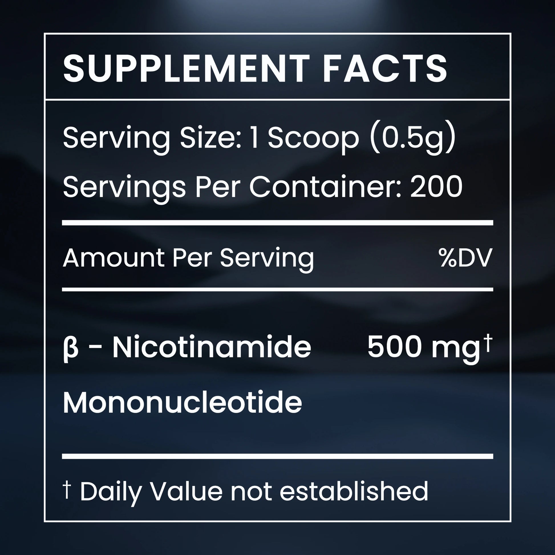 Supplement facts label for a product with β-Nicotinamide Mononucleotide on a dark background